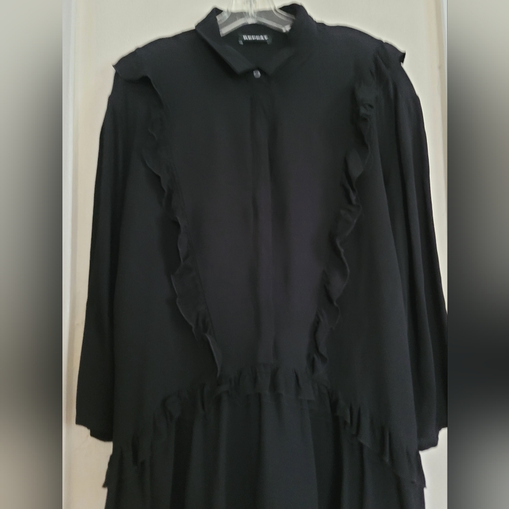 Repeat Cashmere Black Ruffle Mini Shirt Dress Womens Size 42/Medium Crepe - Picture 5 of 15